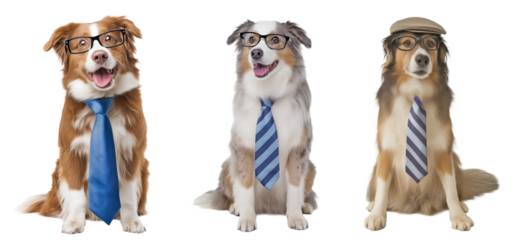 Three Australian Shepherd dogs in glasses and striped neckties, dressed in office attire on transparent background, humorous concept for Father's Day, business themes, or pet merchandise