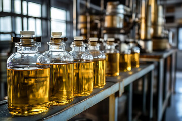 Luxury natural Cosmetics, Bottles on Automated Production Line, Oil Beauty Serum Manufacturing, Generative AI