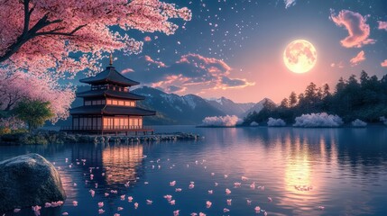 Pagoda stands serene illuminated by moonlight, cherry blossoms falling reflecting beauty in still waters.