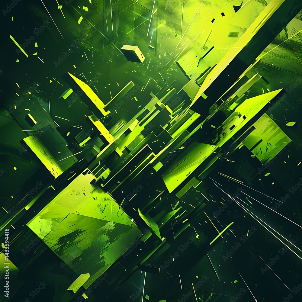 Poster dynamic abstract background featuring an explosion of sharp, geometric green shapes and fragments ag