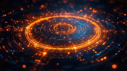Abstract glowing orange and blue circular light energy field.