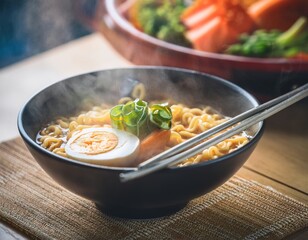 Steaming Bowl of Noodles with Vegetables on a wooden table