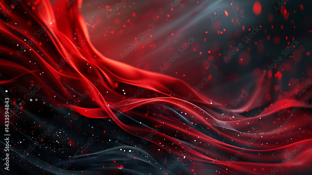 Poster abstract background featuring flowing waves of deep red and black energy or smoke, accented with sub