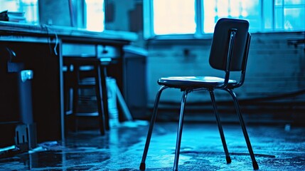 A chair tilted awkwardly forward next to a rigid, backless stool in a shared workspace