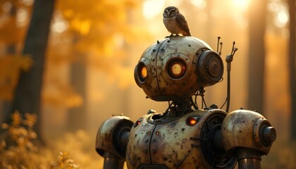 Fototapeta premium Old Robot in Post-Apocalyptic Cities – Dystopian AI in Ruined Urban Landscapes