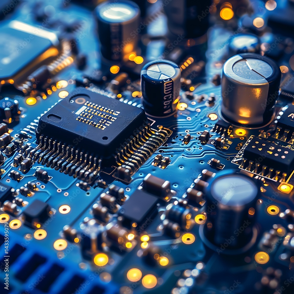 Poster macro close-up view of a blue electronic circuit board with microchips, capacitors, and glowing conn