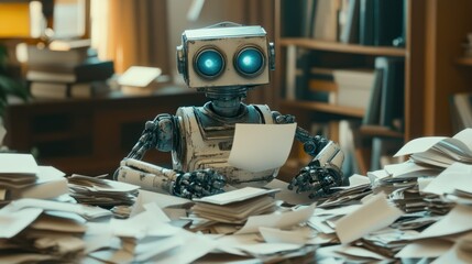 Robot reviews paper documents at cluttered desk, highlighting information overload in retro futuristic style.
