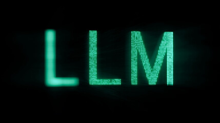 Glowing 'LLM' text in blue on a dark background with digital light effects