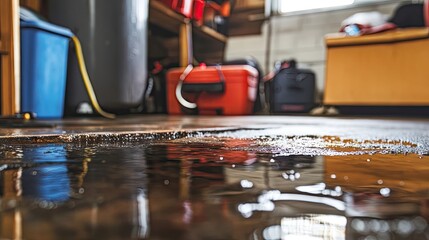 A failed pump gasket leaking water onto a utility room floor.