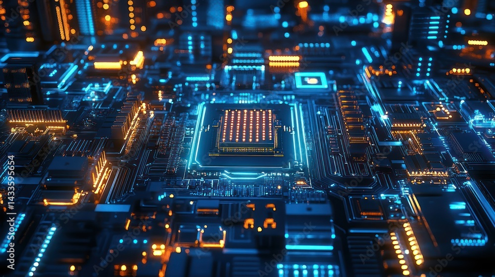 Poster microchip glows, showcasing complex, interconnected circuits, reflecting innovation, digital advance