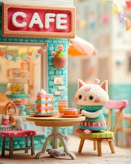 Naklejka premium Cute cafe scene with a plush cat toy.