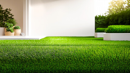 well maintained  green lawn with a white building and potted plants in the background.