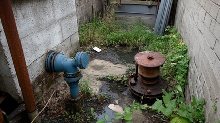A malfunctioning pump next to a water tank with low water level indicators, suggesting supply issues.