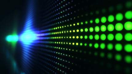 Modern digital display with glowing green dots and blue light streaks