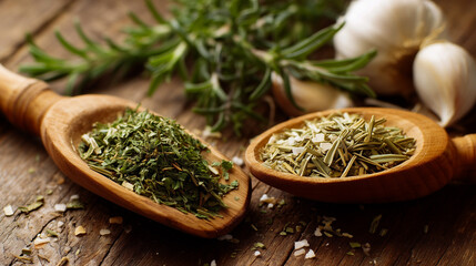 Rustic wooden bowls filled with dried herbs on a textured wooden surface