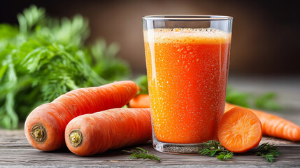 Fresh orange juice in a glass with sliced carrots and herbs on a wooden table