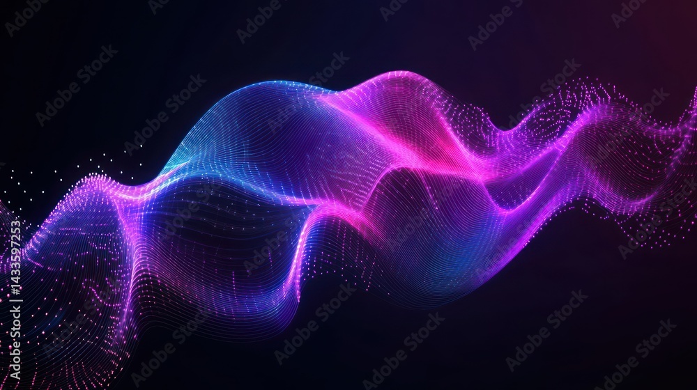 Poster abstract wave displays glowing particles, futuristic data representing digital information, violet g