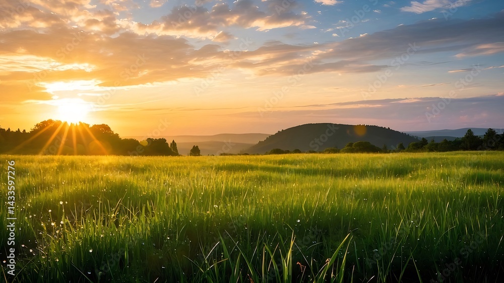 Aufkleber 夕焼け時の緑豊かな草地と輝く太陽 光が差し込む爽やかな風景 空には雲が広がり 大自然の美しい情景