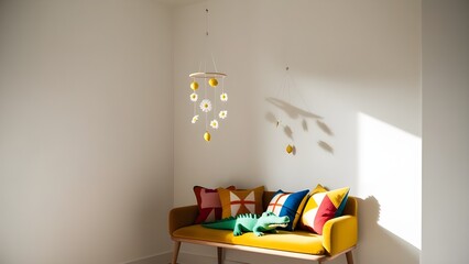 Minimalist kids' wall with a daisy and lemon mobile above a mustard yellow bench with playful cushions and a green crocodile toy.
