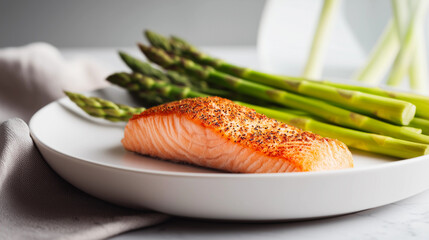 Healthy meal with grilled salmon, asparagus, and lemon slices on a white plate