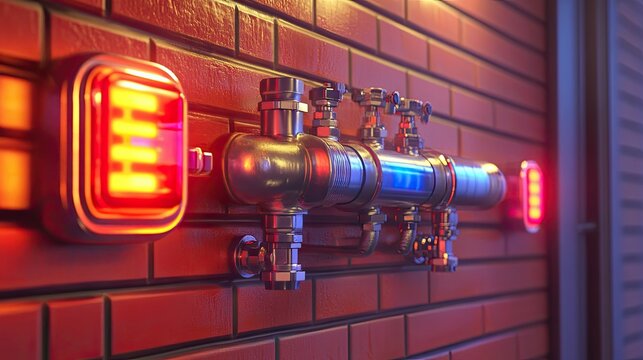 A wall-mounted water pump setup with flashing error lights and inactive pipes.
