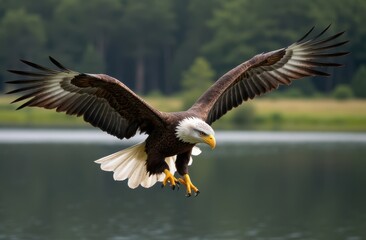 Fototapeta premium image of a majestic Sea Eagle in mid-flight over a crystal-clear blue water lake,