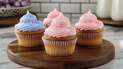 Sweet treats, four cupcakes, light yellow sponge cakes, topped with pink and lavender frosting