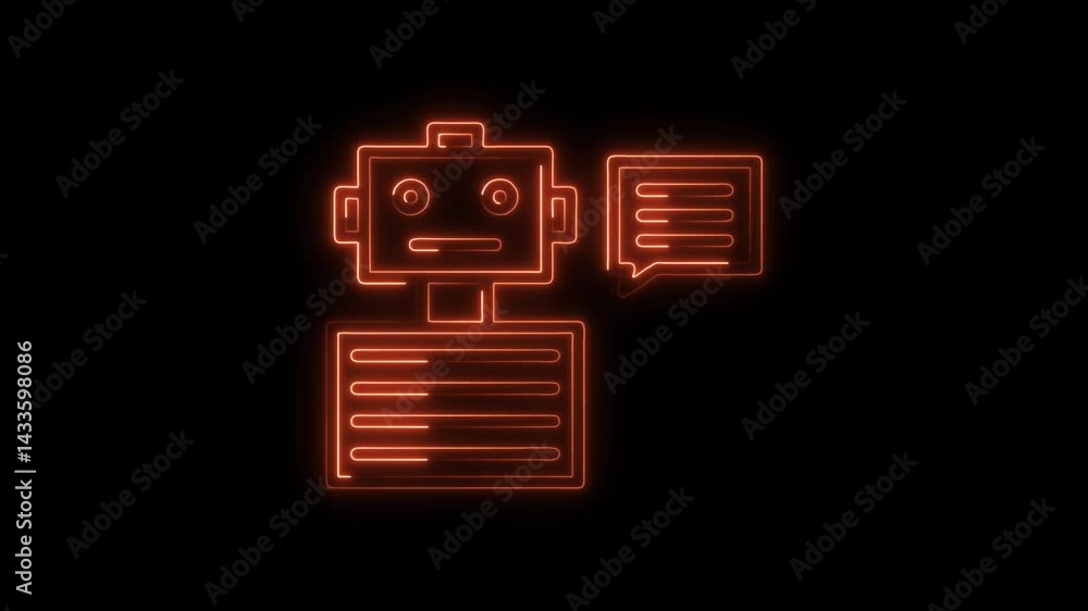 Poster glowing robot chatbot with speech bubble animation on black background