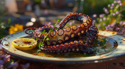 Delicious grilled octopus tentacles served on a rustic plate with herbs and a charred lemon slice, set in a sunny outdoor setting.