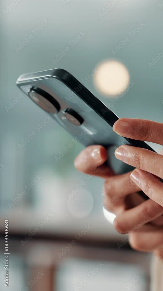 Poster hands, phone and text message with business person in office for communication or social media. app,