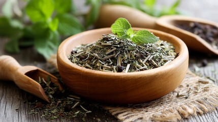 Rustic wooden bowl with dried herbs and flower petals on a wooden surface