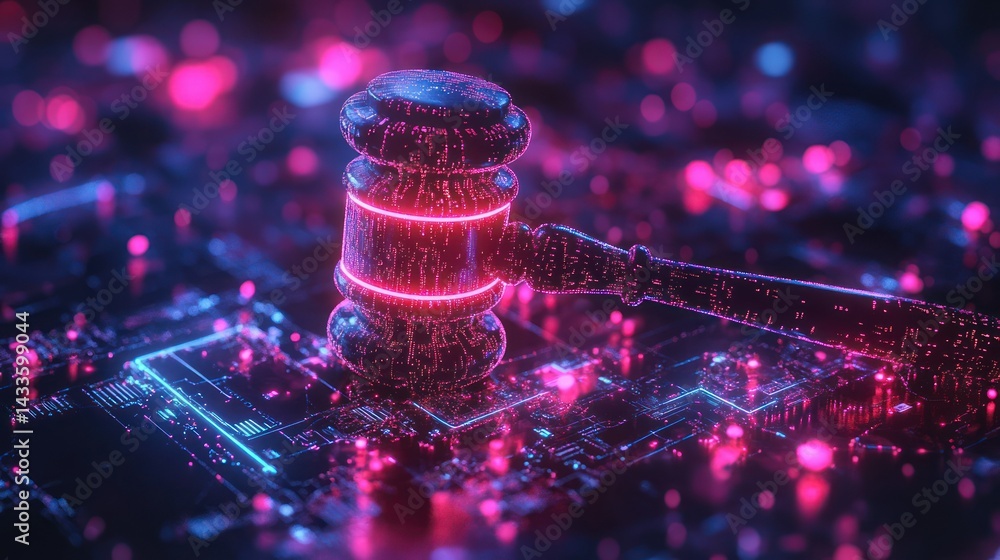Poster digital gavel resting cyber circuit, symbolizing law, justice technology within artificial intellige