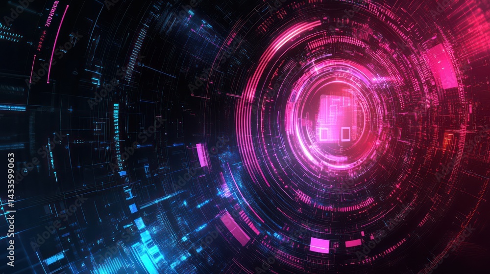 Aufkleber complex technology glows neon, creating digital tunnel effect, symbolizing innovation and cyber spac