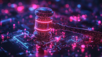 Digital gavel resting cyber circuit, symbolizing law, justice technology within artificial intelligence landscapes.