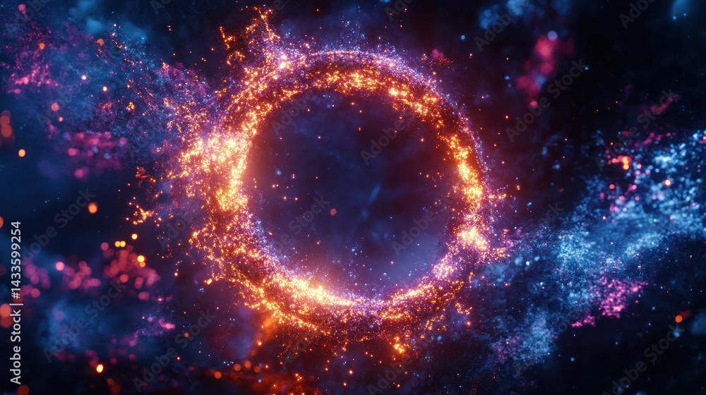 Poster abstract cosmic light forms circle vortex energy particle motion, glowing in universe galaxy space.
