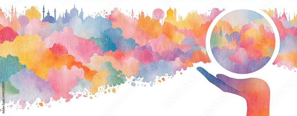 Poster world interfaith harmony week representation with watercolor clouds and hand symbolizing unity and p
