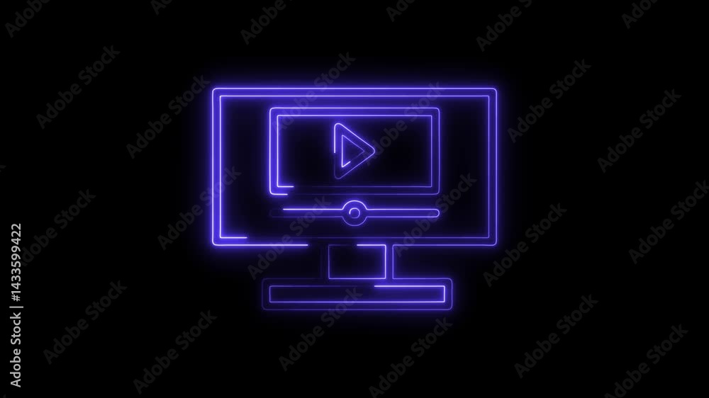 Aufkleber glowing neon screen animation with video player interface on a dark background