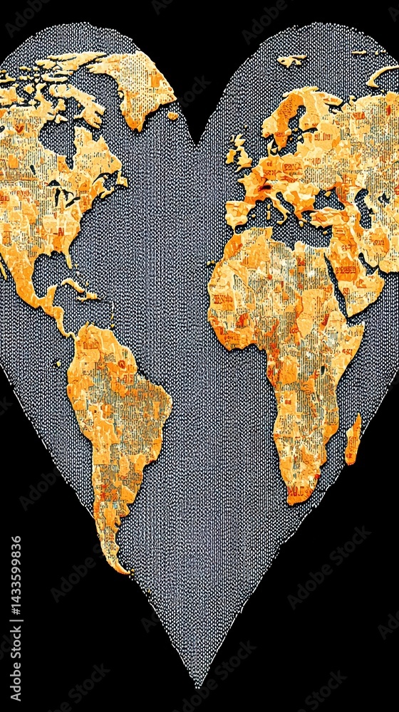 Poster artistic representation of a world map formed in heart shape symbolizing interfaith harmony