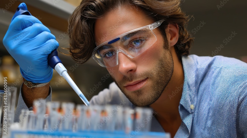 Poster focused scientist conducting precise pipetting in laboratory research environment