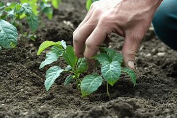 Close-up of a farmer's hand gently touching the rich soil surrounding a young plant, representing the nurturing of growth and commitment to sustainable agriculture practices