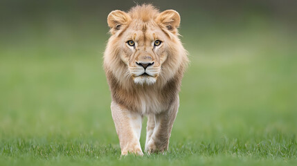 Young Male Lion Walking Towards Camera on Green Grass Field with Soft Focus Background