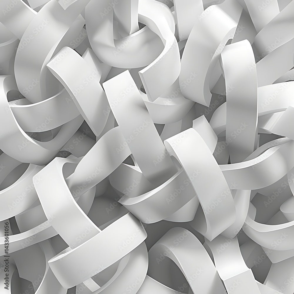 Poster abstract background featuring a chaotic jumble of interlocking, curved white geometric shapes. moder