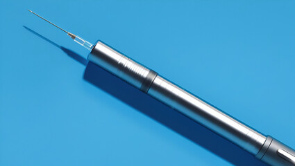 Naklejka premium Close-up of an insulin syringe , on a clean blue background, medical concept, healthcare theme, clear focus on needle and injection point, bright lighting.
