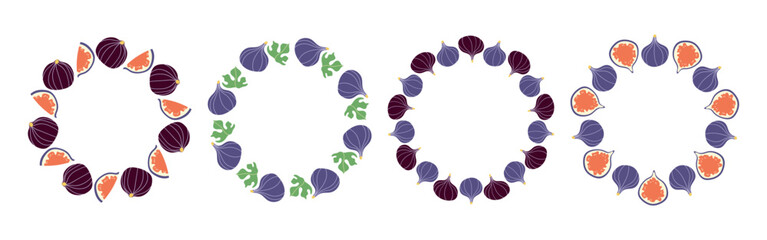 Fruit frame set. Fig design template with copy space. Circular template. Hand drawn doodle border. Suitable for summer posters, banners, invitations, packaging and branding.