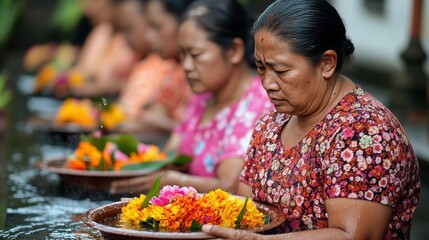 Naklejka premium Women in traditional attire offer floral offerings in a serene water setting, symbolizing devotion and cultural rituals.