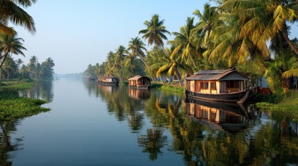 Verdant kerala backwaters mirroring emerald palms, wooden houseboats gliding across calm waters, capturing traditional landscape's peaceful essence