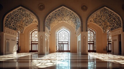 Obraz premium Sunlight streams through large ornate windows, casting beautiful shadows across the polished floor of a mosque with intricate arches and detailed arabesque patterns