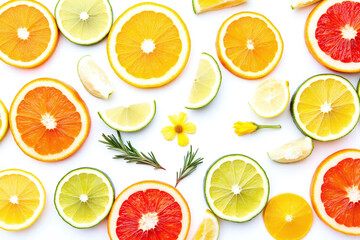 citrus fruits and leaves arranged in a circle on a white surface