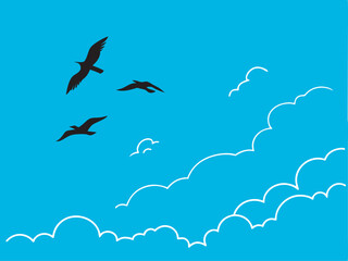 Flying Birds Silhouette with Clouds - Sky Scene Vector Illustration