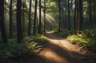Naklejka premium Sunlit Forest Path with Lush Greenery